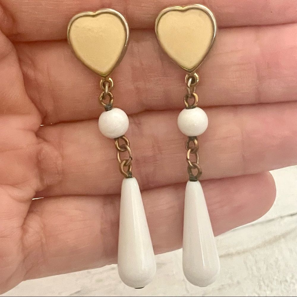 Vintage yellow and  white heart drop post earrings